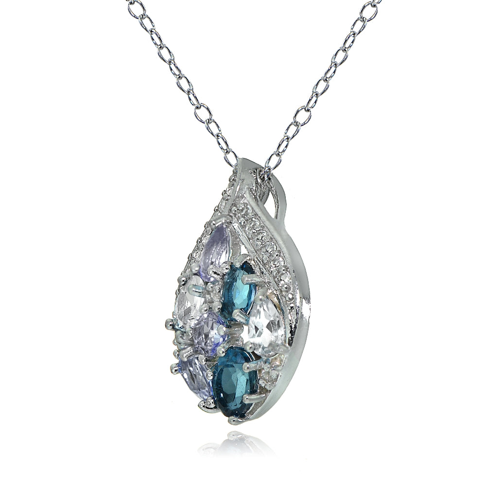 Sterling Silver Tanzanite, Aquamarine, London Blue and White Topaz Cluster Tonal Teardrop Necklace-2