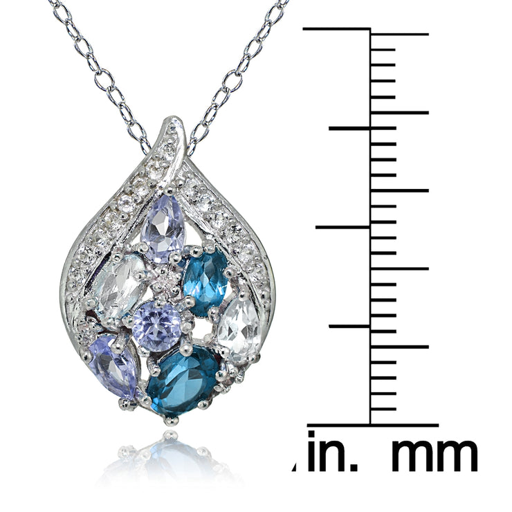 Sterling Silver Tanzanite, Aquamarine, London Blue and White Topaz Cluster Tonal Teardrop Necklace