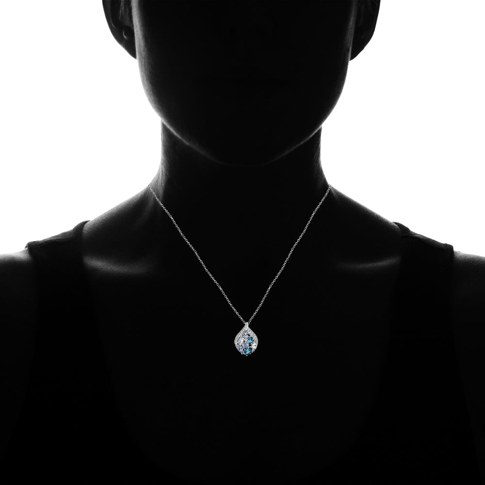 Sterling Silver Tanzanite, Aquamarine, London Blue and White Topaz Cluster Tonal Teardrop Necklace-4