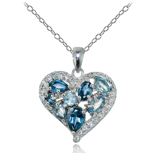 Sterling Silver London Blue, Swiss Blue, and White Topaz Cluster Tonal Heart Necklace