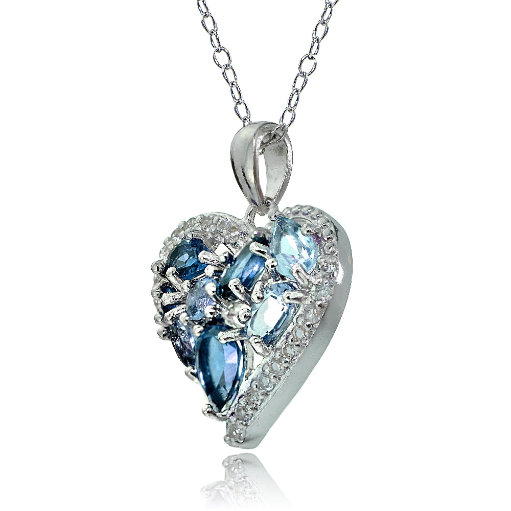 Sterling Silver London Blue, Swiss Blue, and White Topaz Cluster Tonal Heart Necklace-2