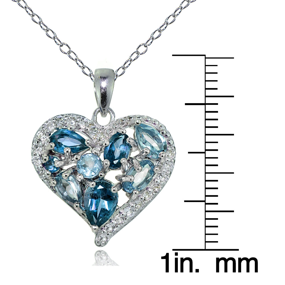Sterling Silver London Blue, Swiss Blue, and White Topaz Cluster Tonal Heart Necklace-3