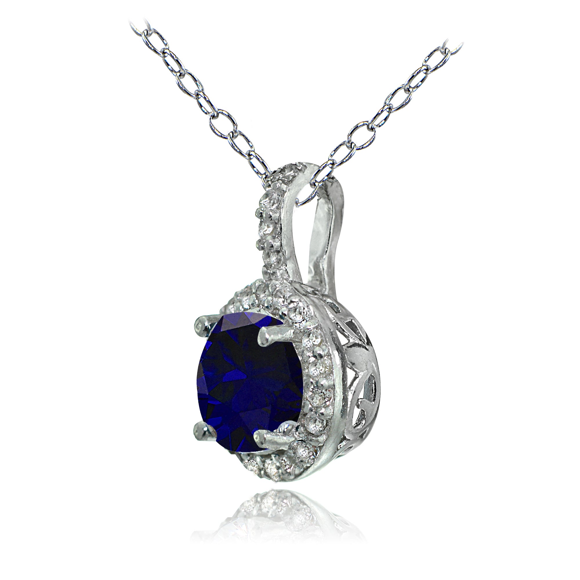 Sterling Silver Created Sapphire and White Topaz Halo Necklace-2
