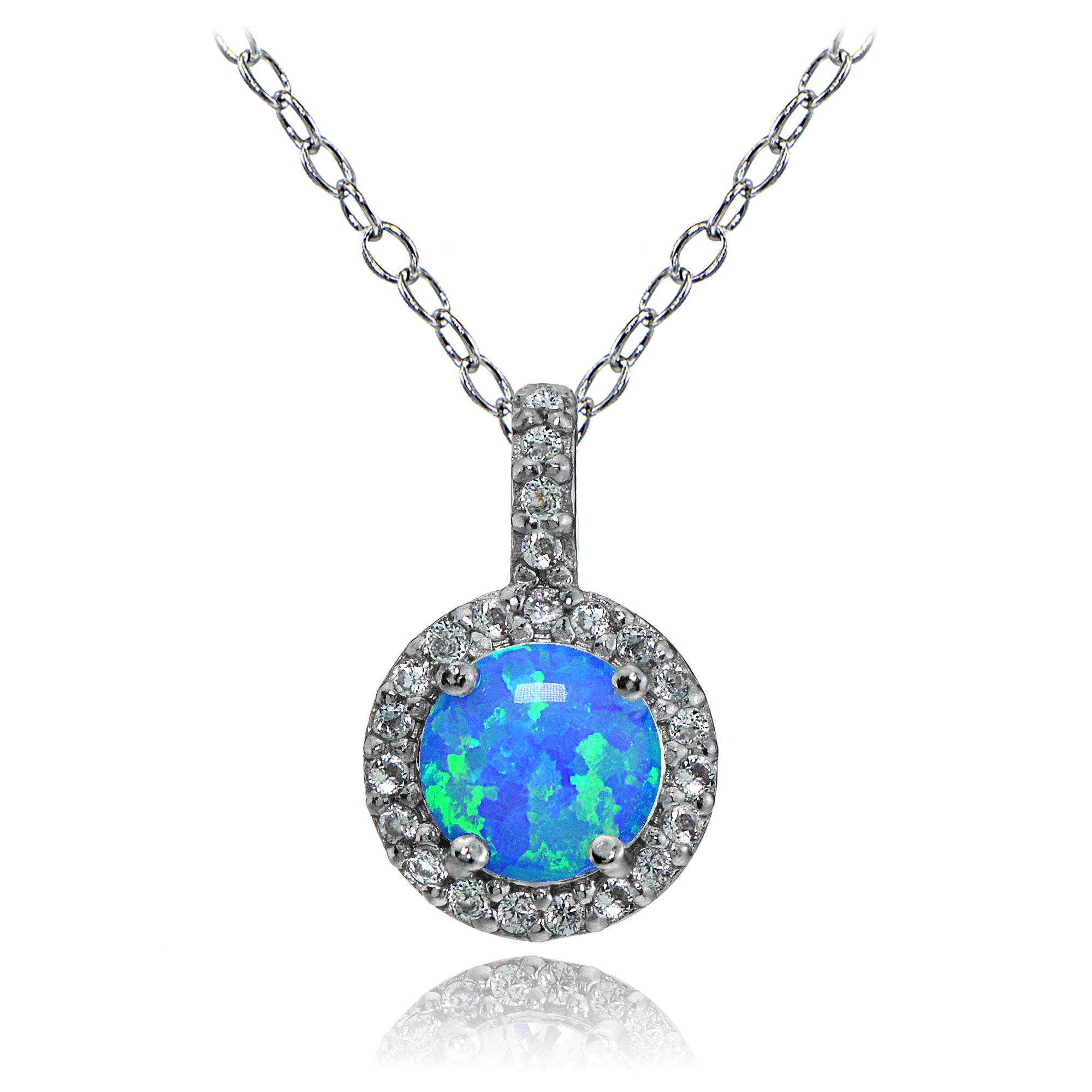 Sterling Silver Created Blue Opal and White Topaz Halo Necklace