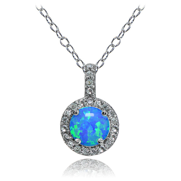 Sterling Silver Created Blue Opal and White Topaz Halo Necklace