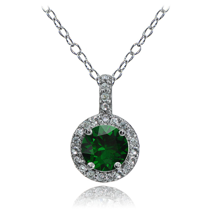 Sterling Silver Created Emerald and White Topaz Halo Necklace