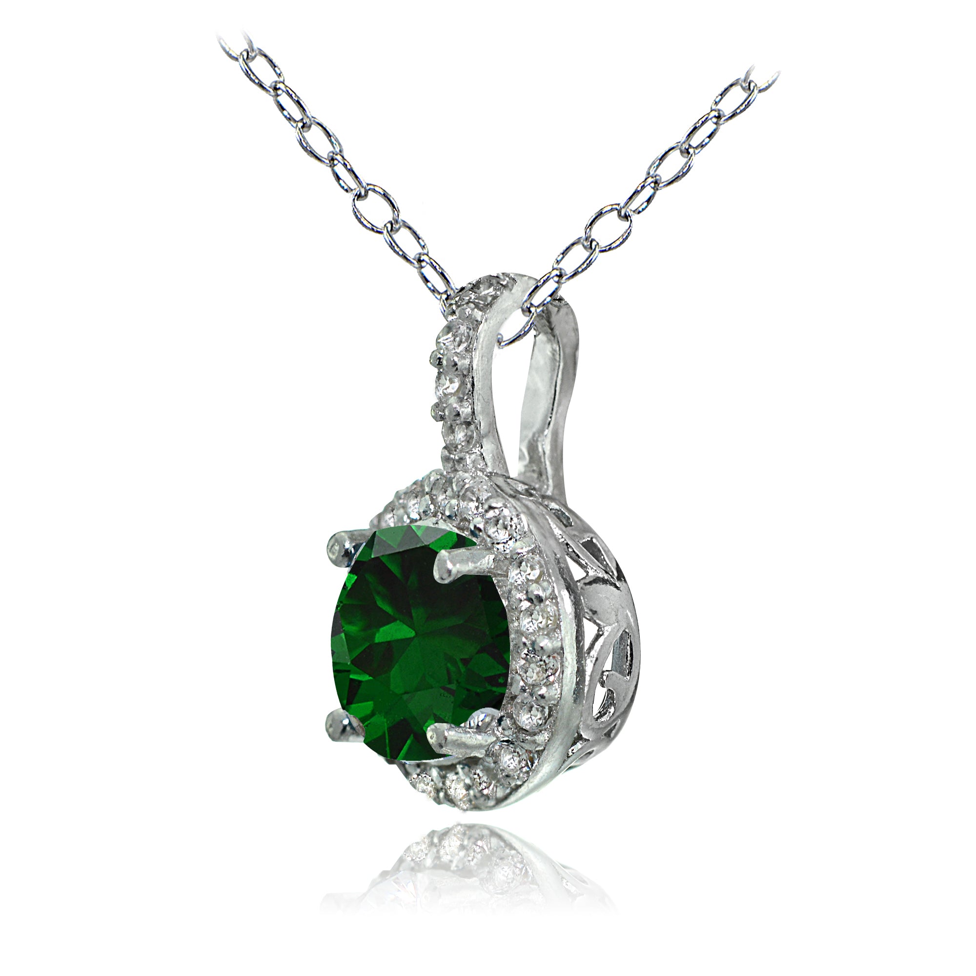 Sterling Silver Created Emerald and White Topaz Halo Necklace-2