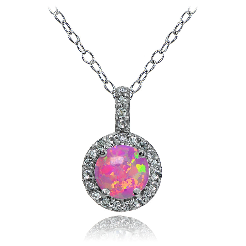 Sterling Silver Created Pink Opal and White Topaz Halo Necklace-2