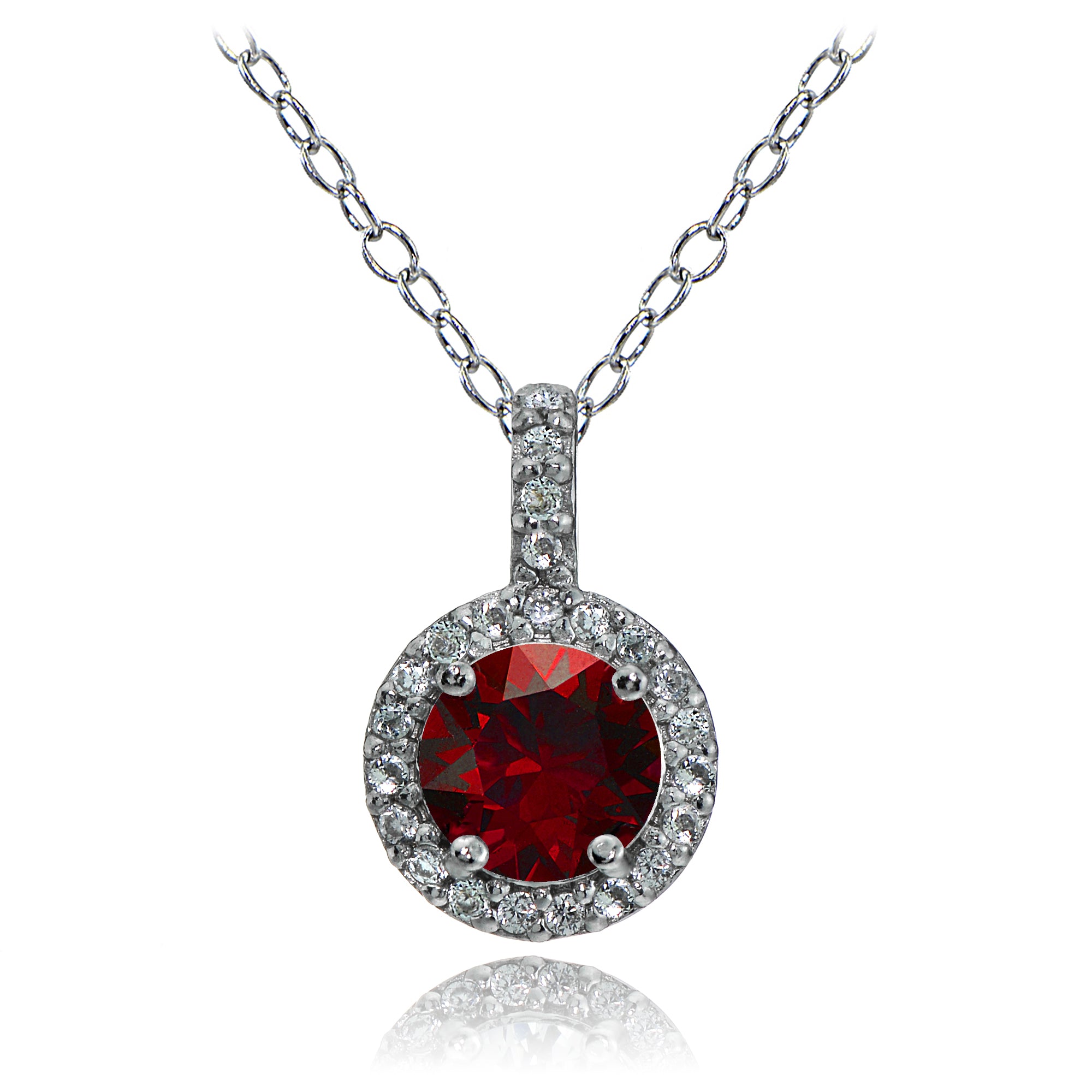 Sterling Silver Created Ruby and White Topaz Halo Necklace
