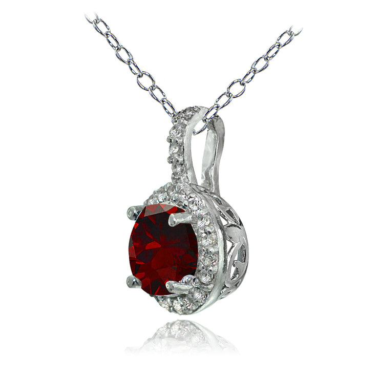 Sterling Silver Created Ruby and White Topaz Halo Necklace