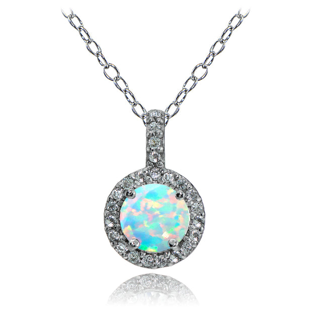 Sterling Silver Created Opal and White Topaz Halo Necklace