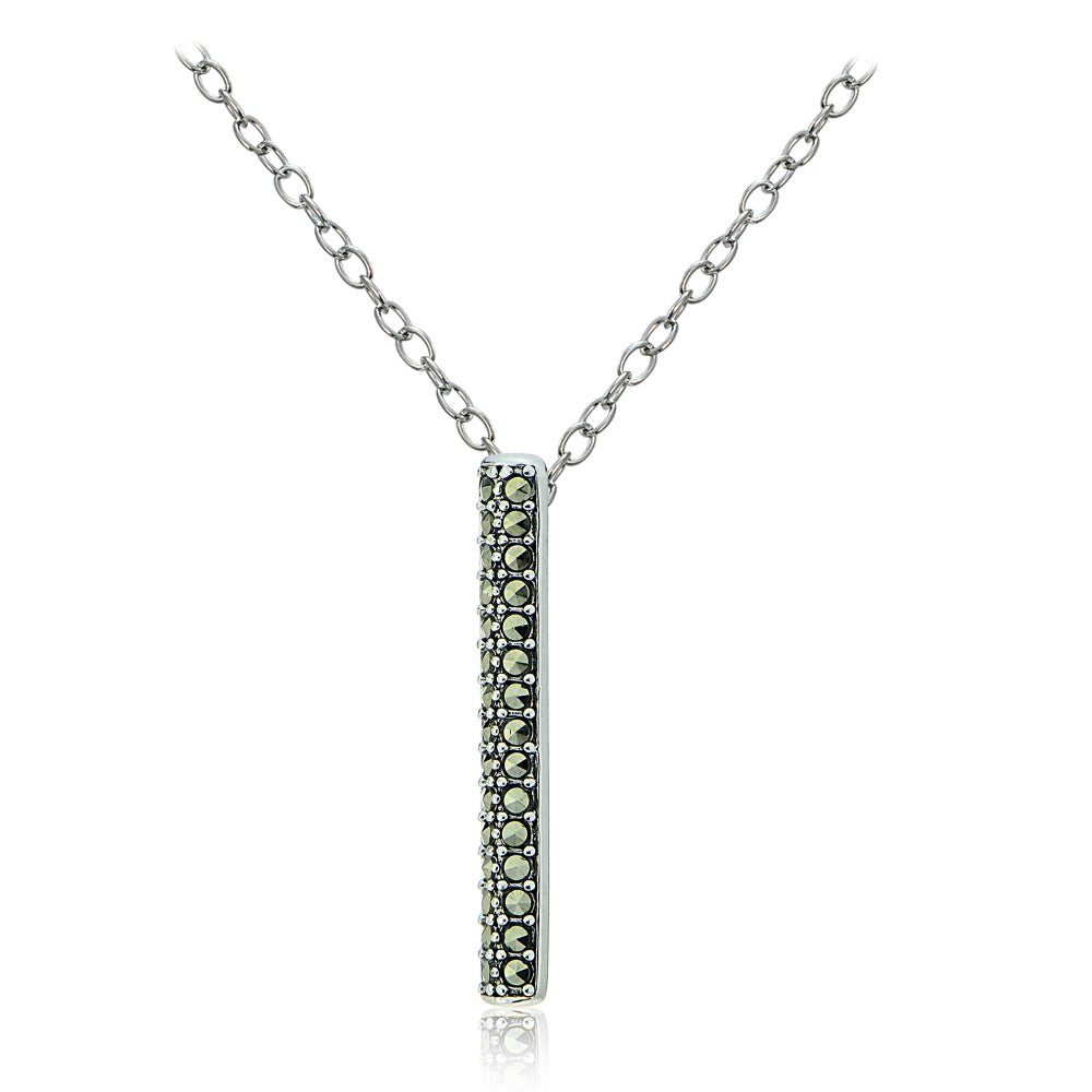 Sterling Silver Marcasite Vertical Bar Drop Necklace-2