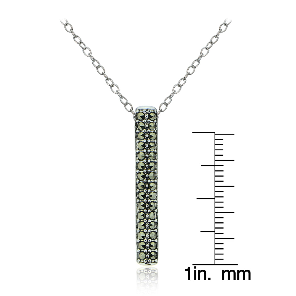 Sterling Silver Marcasite Vertical Bar Drop Necklace-3