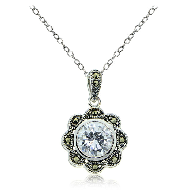 Sterling Silver Marcasite and Cubic Zirconia Flower Pendant Necklace