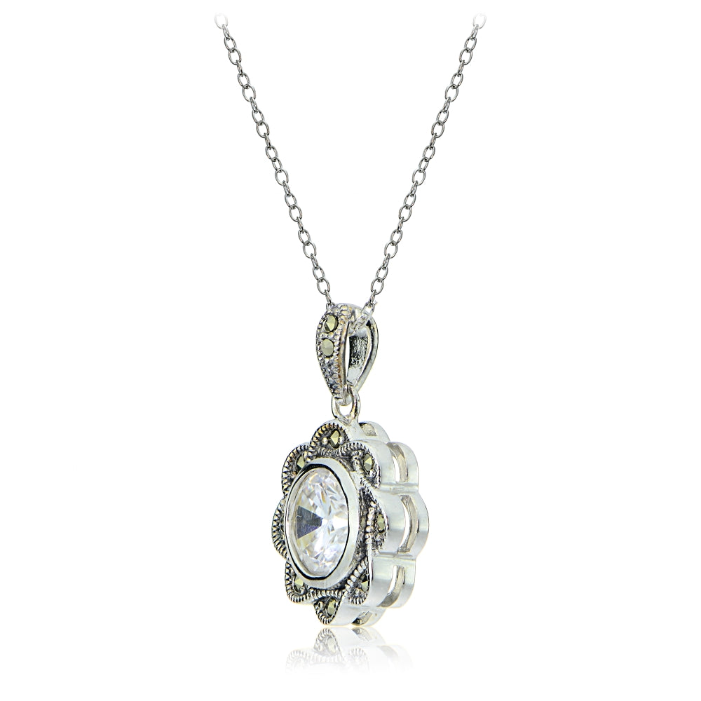 Sterling Silver Marcasite and Cubic Zirconia Flower Pendant Necklace-2