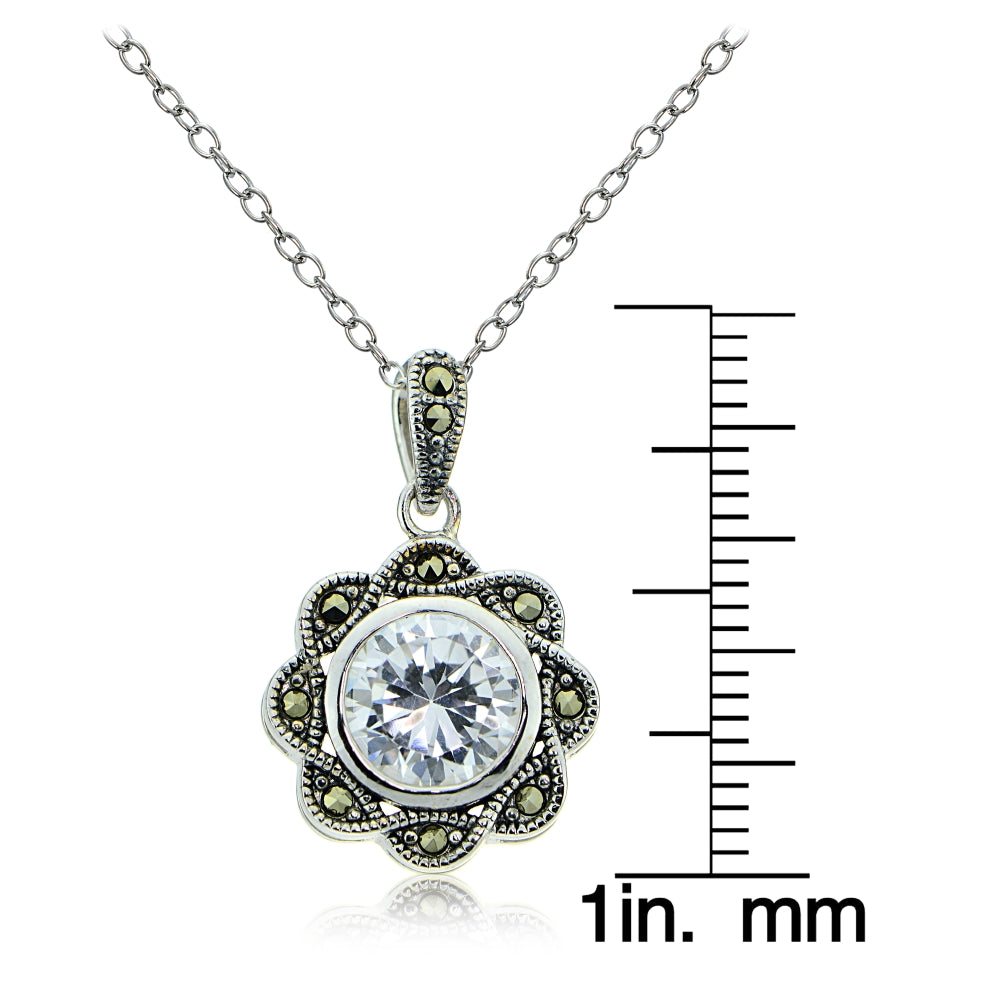Sterling Silver Marcasite and Cubic Zirconia Flower Pendant Necklace-3