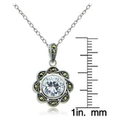 Sterling Silver Marcasite and Cubic Zirconia Flower Pendant Necklace