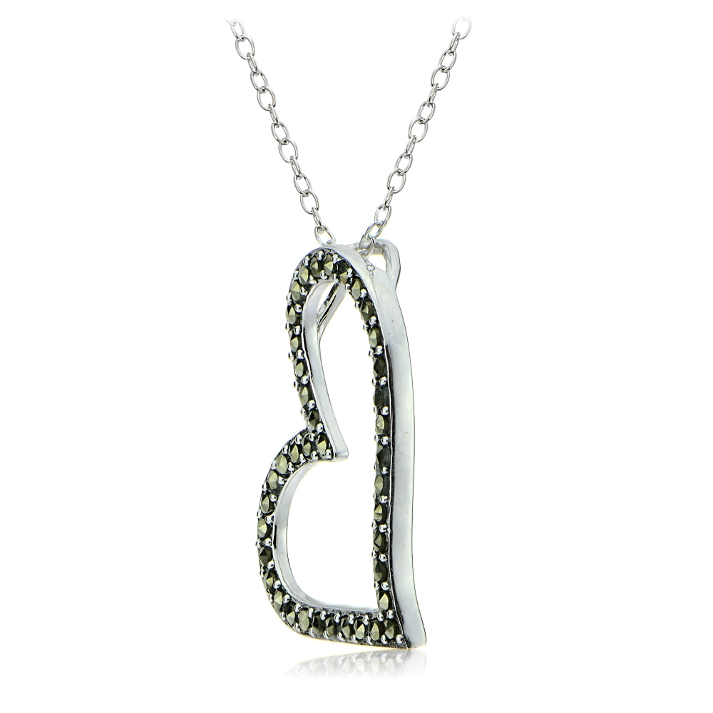 Sterling Silver Marcasite Sideways Open Heart Necklace-2