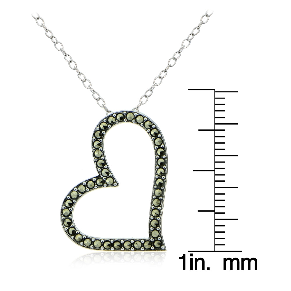 Sterling Silver Marcasite Sideways Open Heart Necklace-3
