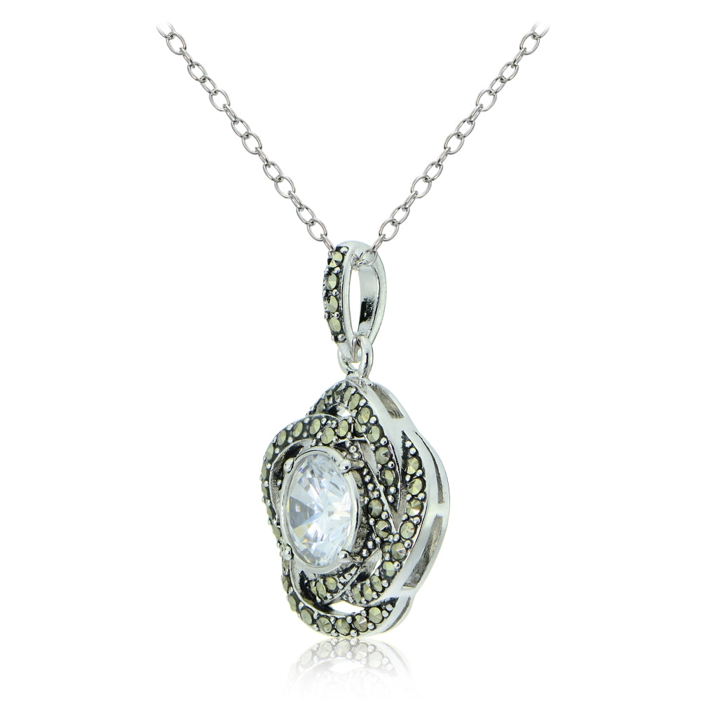 Sterling Silver Marcasite and Cubic Zirconia Knot Necklace-2