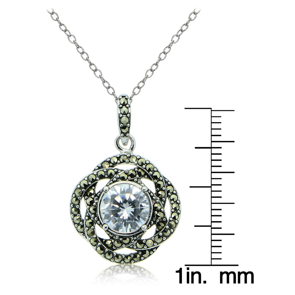 Sterling Silver Marcasite and Cubic Zirconia Knot Necklace-3