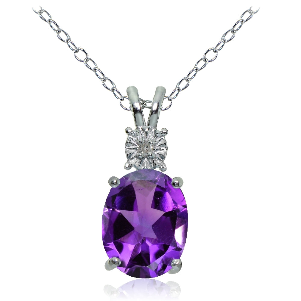 Sterling Silver African Amethyst and Diamond Accent Oval Necklace