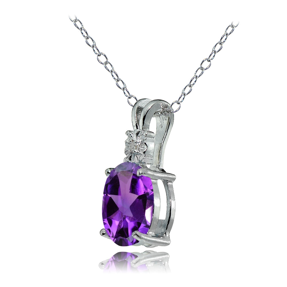 Sterling Silver African Amethyst and Diamond Accent Oval Necklace-2