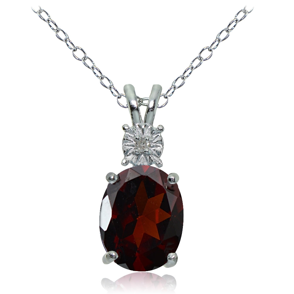 Sterling Silver African Garnet and Diamond Accent Oval Necklace