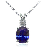 Sterling Silver Created Blue Sapphire and Diamond Accent Oval Necklace