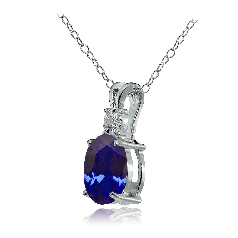 Sterling Silver Created Blue Sapphire and Diamond Accent Oval Necklace-2