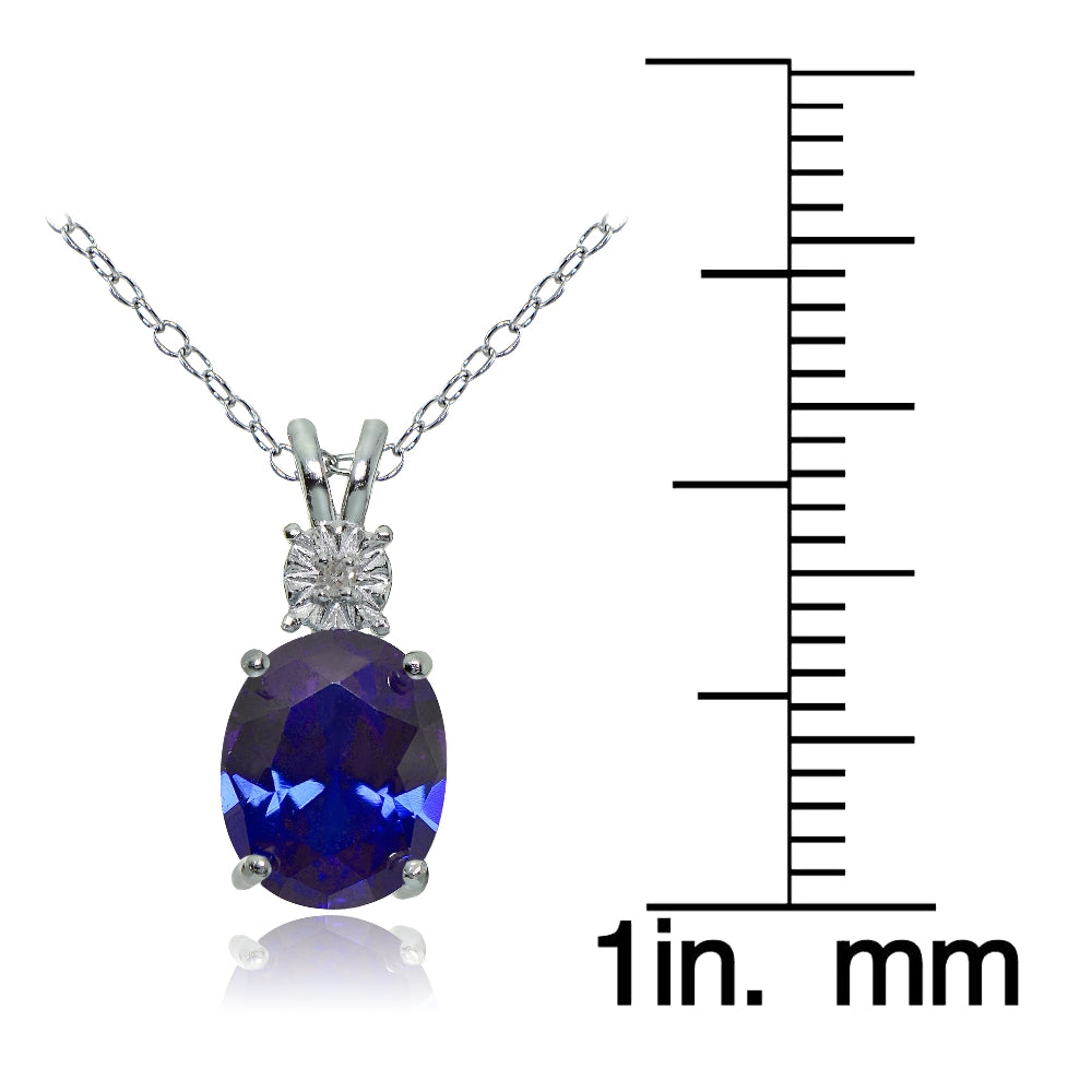 Sterling Silver Created Blue Sapphire and Diamond Accent Oval Necklace-3