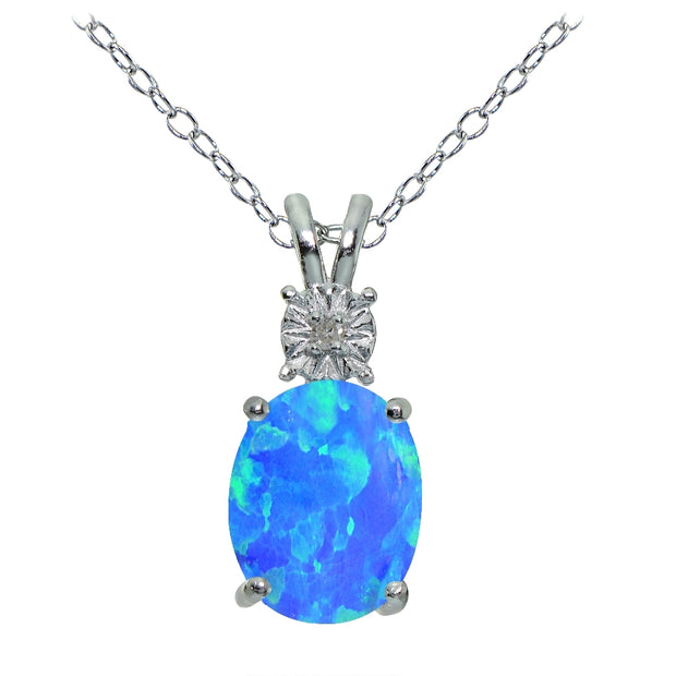 Sterling Silver Created Blue Opal and Diamond Accent Oval Necklace