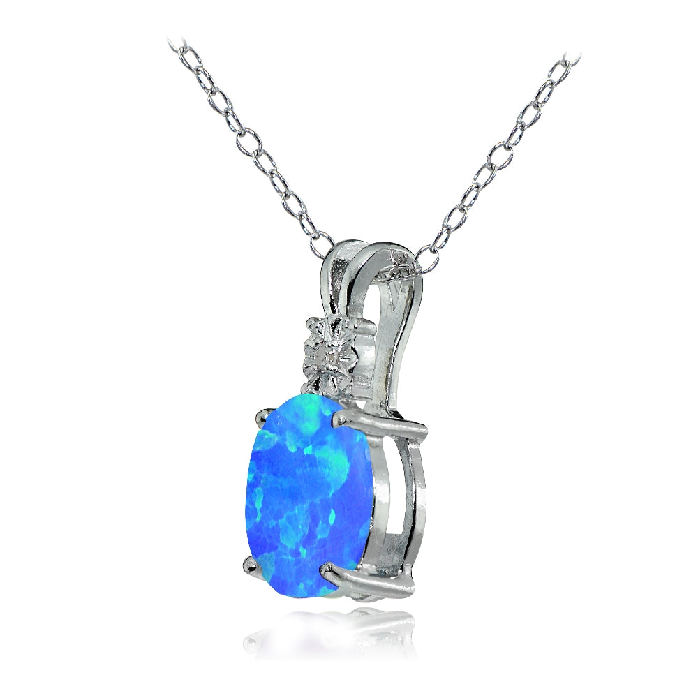 Sterling Silver Created Blue Opal and Diamond Accent Oval Necklace-2