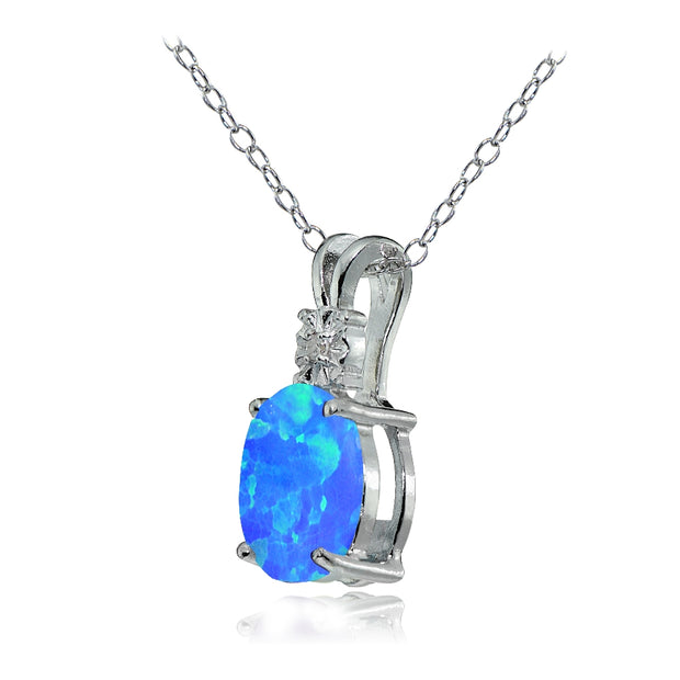 Sterling Silver Created Blue Opal and Diamond Accent Oval Necklace