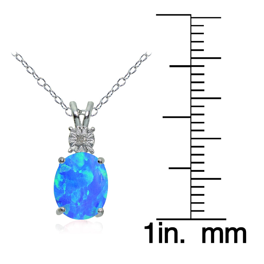 Sterling Silver Created Blue Opal and Diamond Accent Oval Necklace-3