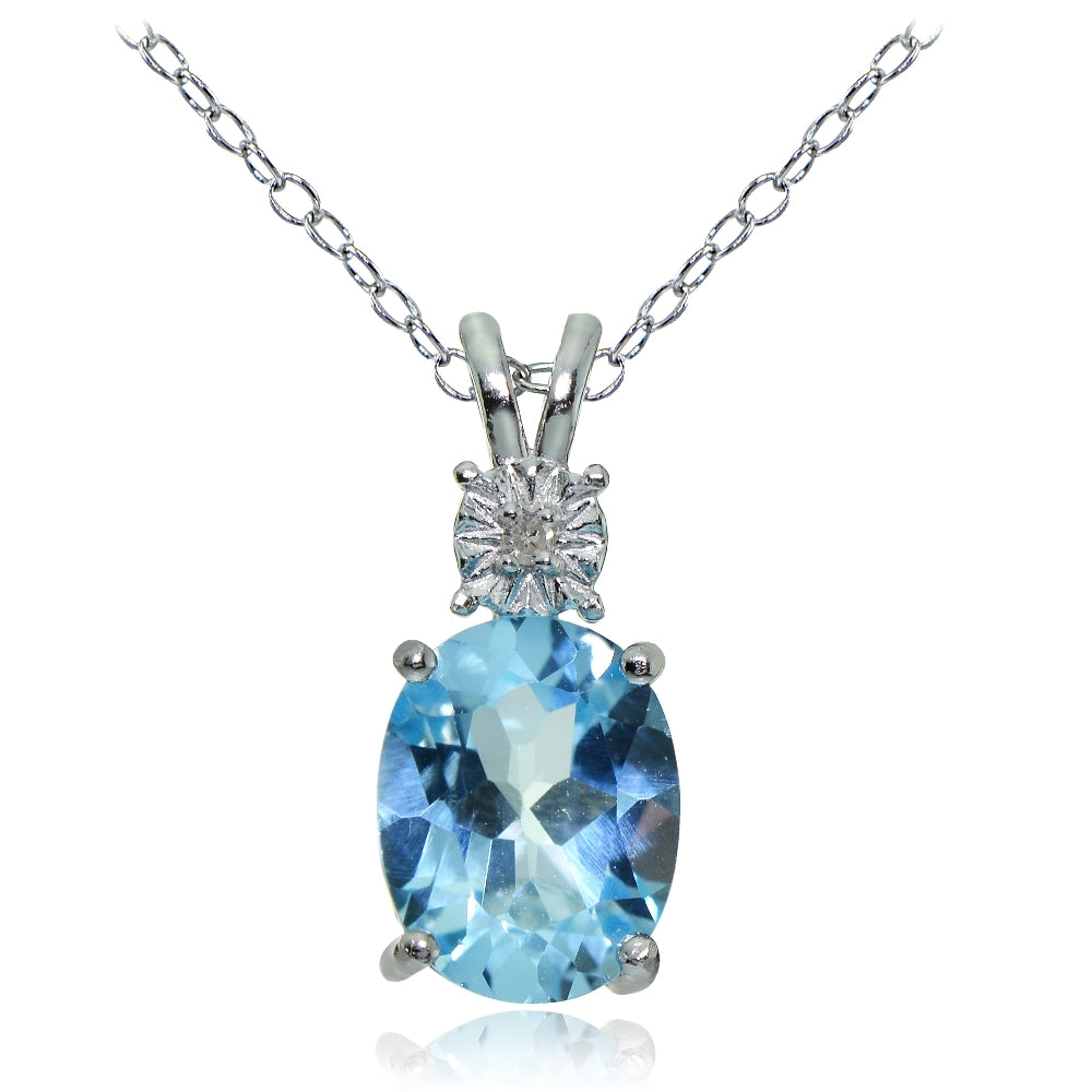 Sterling Silver Blue Topaz and Diamond Accent Oval Necklace