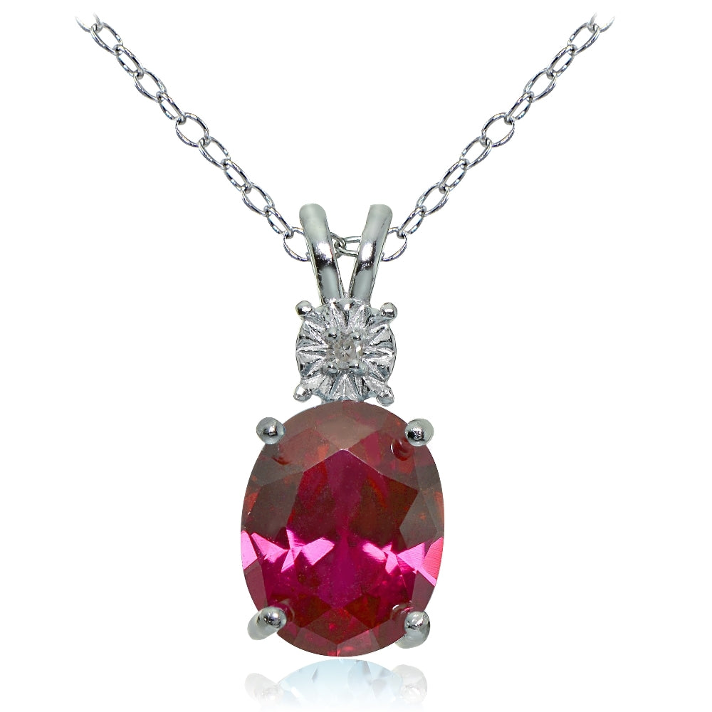 Sterling Silver Created Ruby and Diamond Accent Oval Necklace