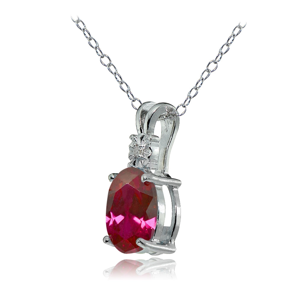 Sterling Silver Created Ruby and Diamond Accent Oval Necklace-2