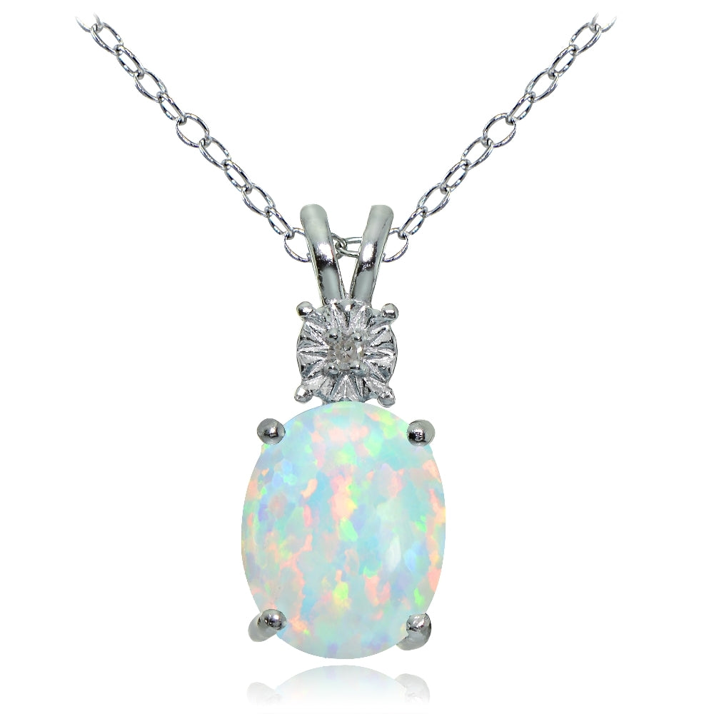 Sterling Silver Created White Opal and Diamond Accent Oval Necklace