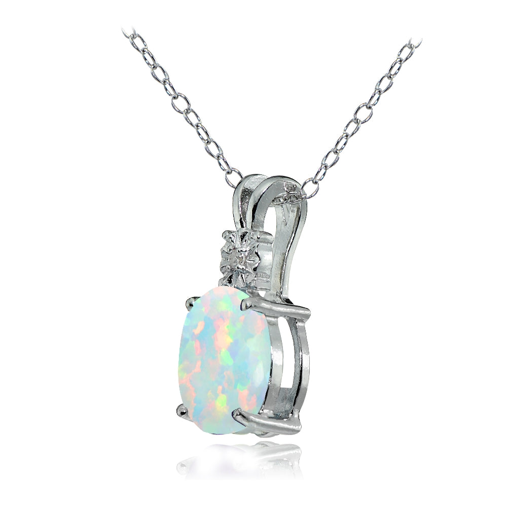 Sterling Silver Created White Opal and Diamond Accent Oval Necklace-2