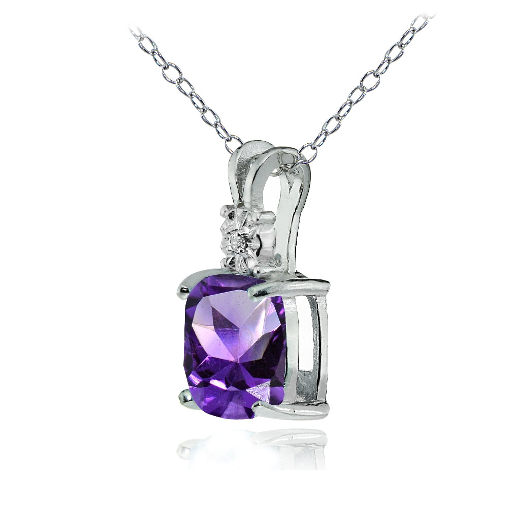 Sterling Silver African Amethyst and Diamond Accent Cushion-cut Necklace-2