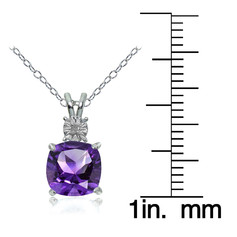 Sterling Silver African Amethyst and Diamond Accent Cushion-cut Necklace-3