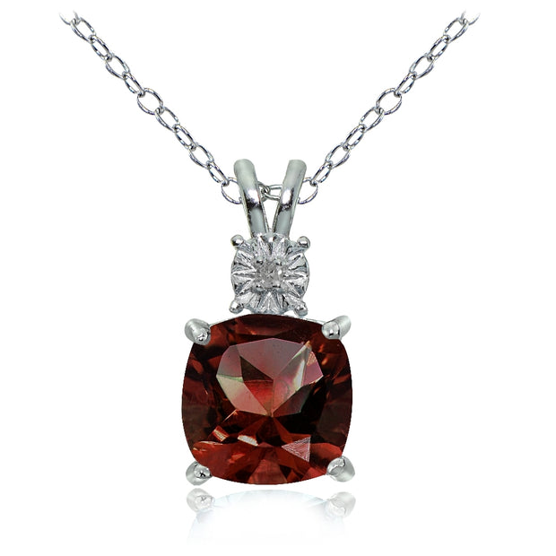 Sterling Silver African Garnet and Diamond Accent Cushion-cut Necklace