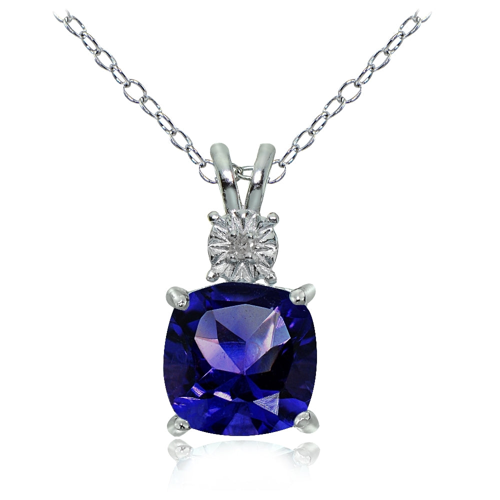 Sterling Silver Created Blue Sapphire and Diamond Accent Cushion-cut Necklace
