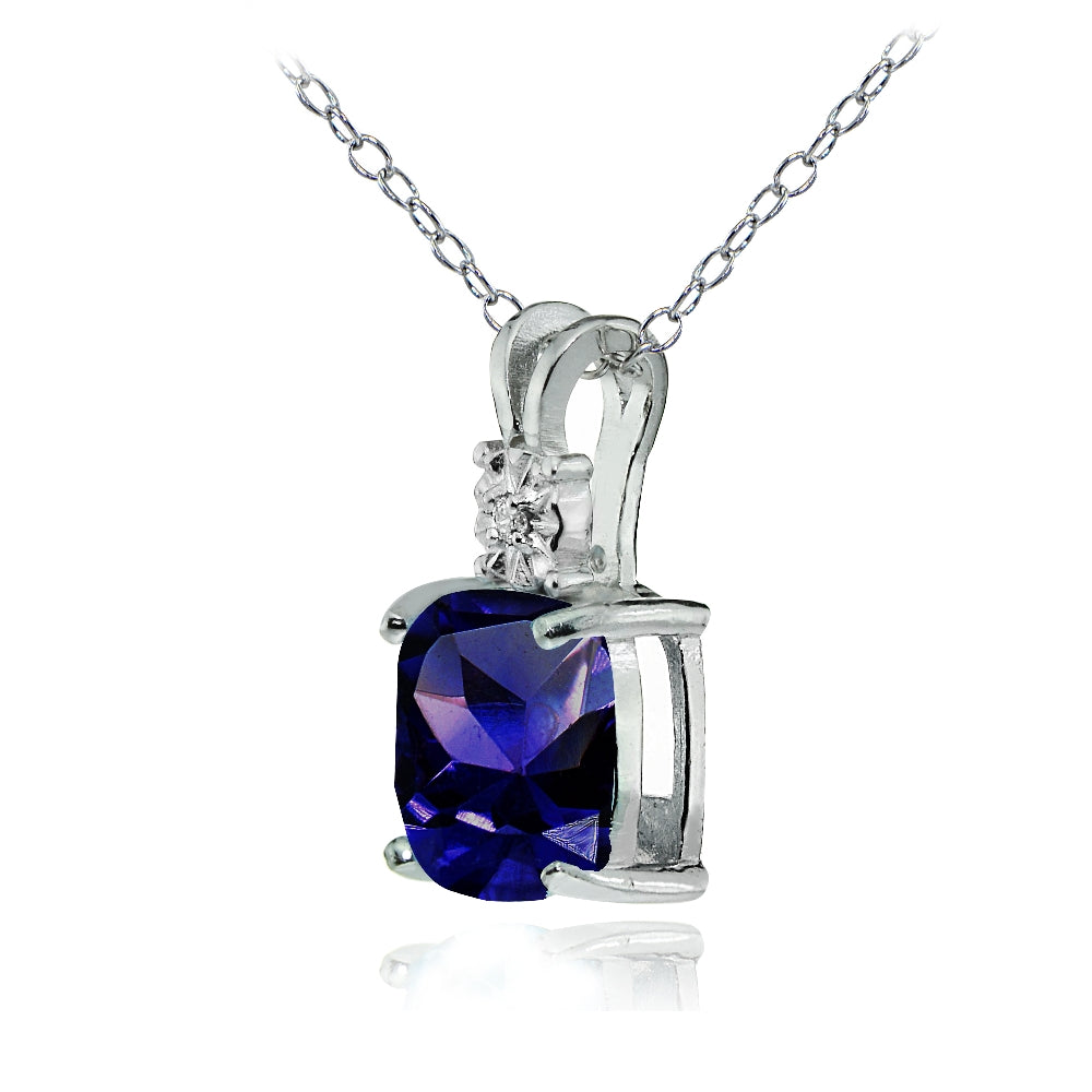 Sterling Silver Created Blue Sapphire and Diamond Accent Cushion-cut Necklace-2