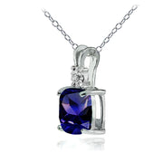 Sterling Silver Created Blue Sapphire and Diamond Accent Cushion-cut Necklace