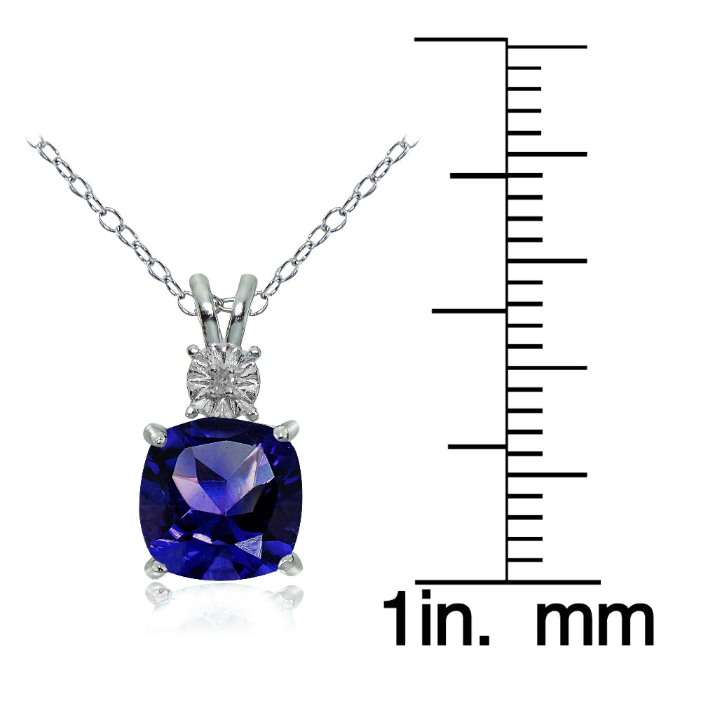 Sterling Silver Created Blue Sapphire and Diamond Accent Cushion-cut Necklace-3
