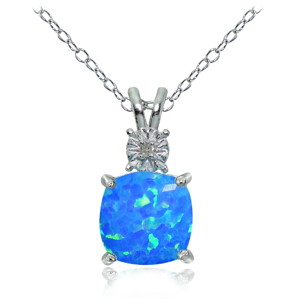 Sterling Silver Created Blue Opal and Diamond Accent Cushion-cut Necklace