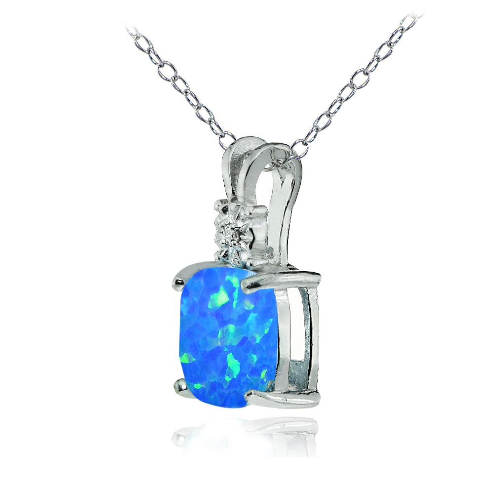 Sterling Silver Created Blue Opal and Diamond Accent Cushion-cut Necklace-2