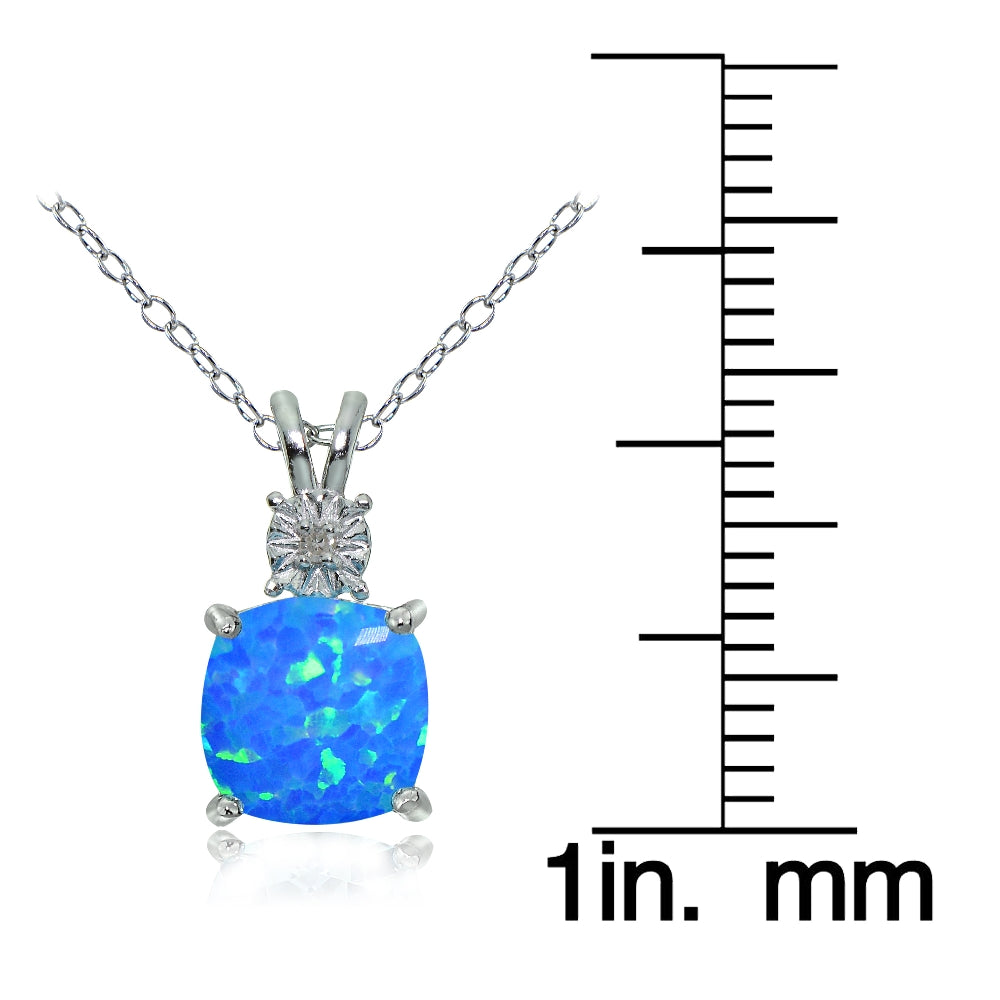 Sterling Silver Created Blue Opal and Diamond Accent Cushion-cut Necklace-3